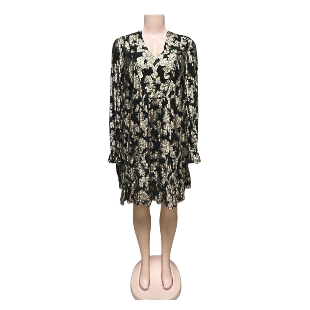 Anthropologie Black & Gold Metallic Foil Long Sleeve Ruffled Tunic Dress M NWT